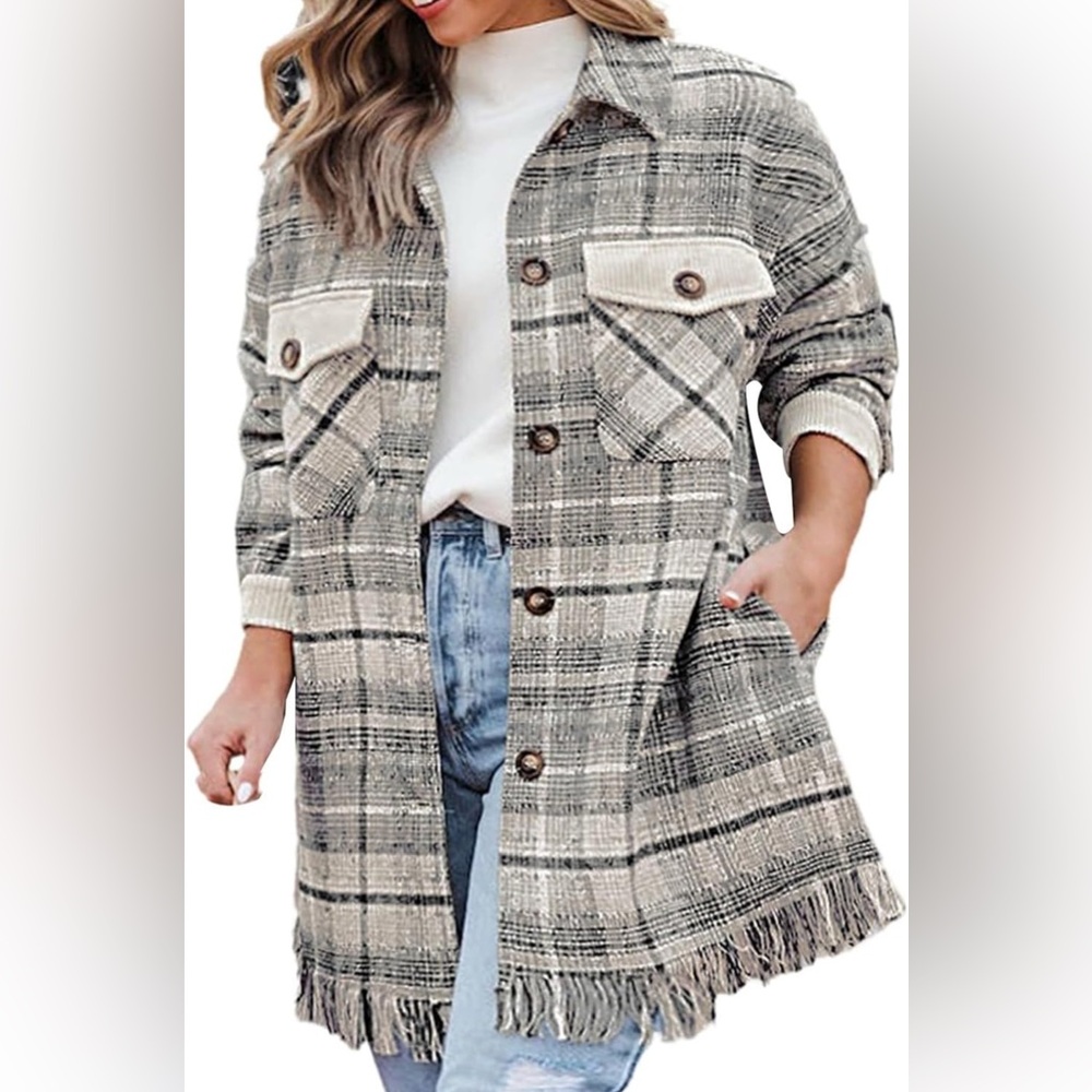 NWOT Women’s Oversized Gray & Cream Plaid, Fringe and Corduroy Shacket Size SM